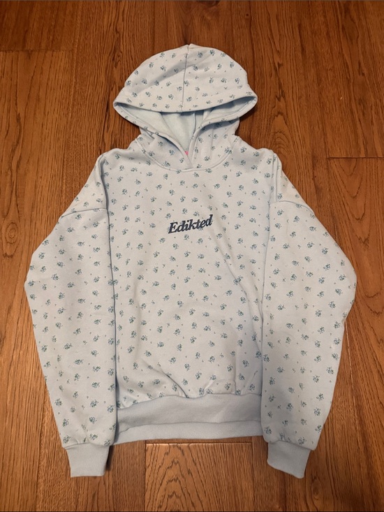 Edikted Tops - Edikted Pale Blue Hoodie with Tiny Floral Print